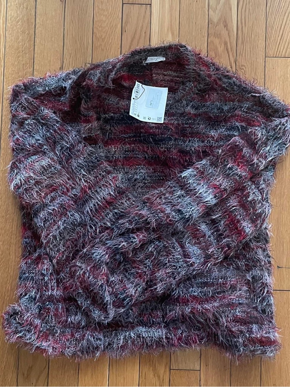 Zara Trafaluc Fuzzy Wrap Sweater Red Grey Striped Size S NWT